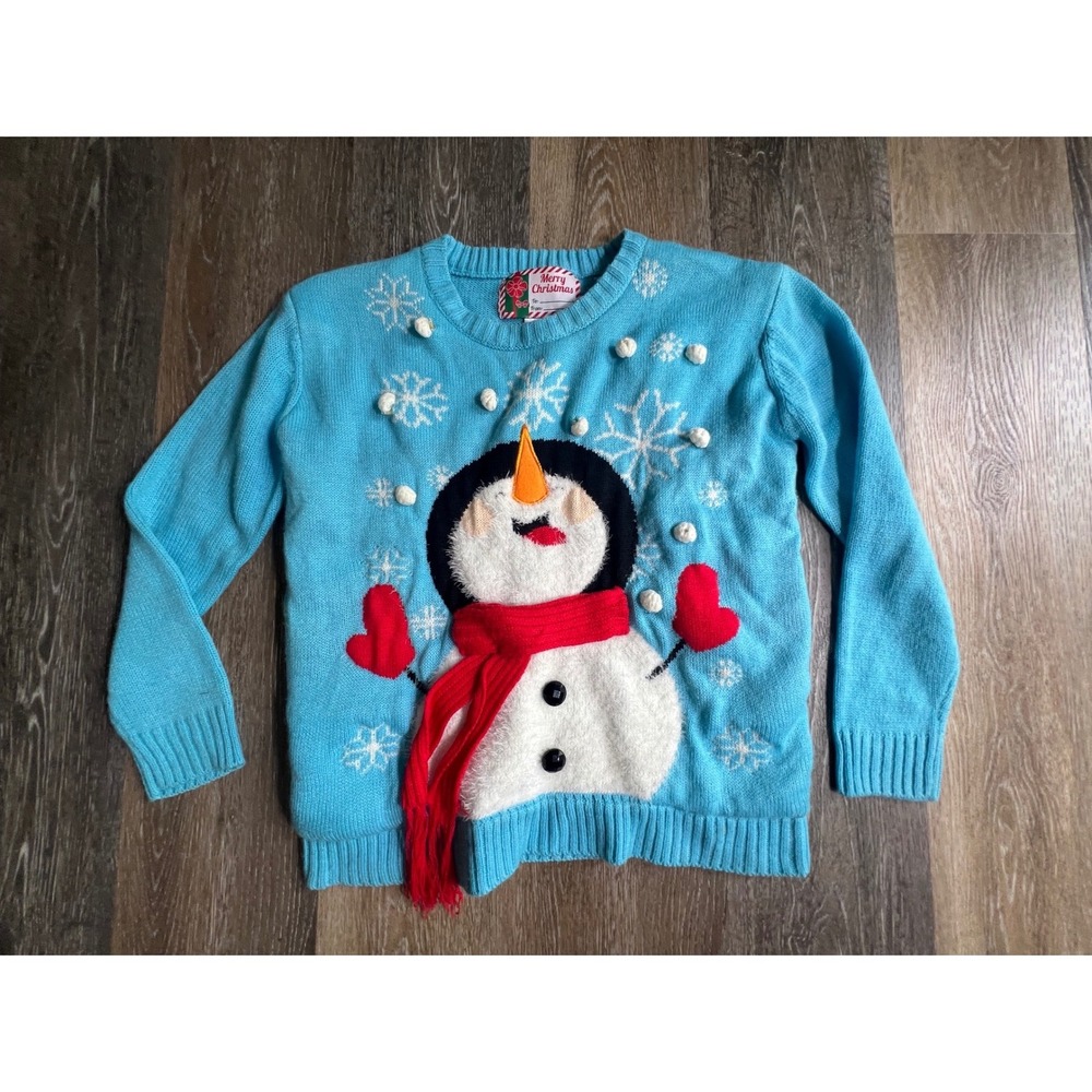Merry Christmas Snowman Sweater Womens Small Blue Excellent 3D Pom Pom Holiday‎